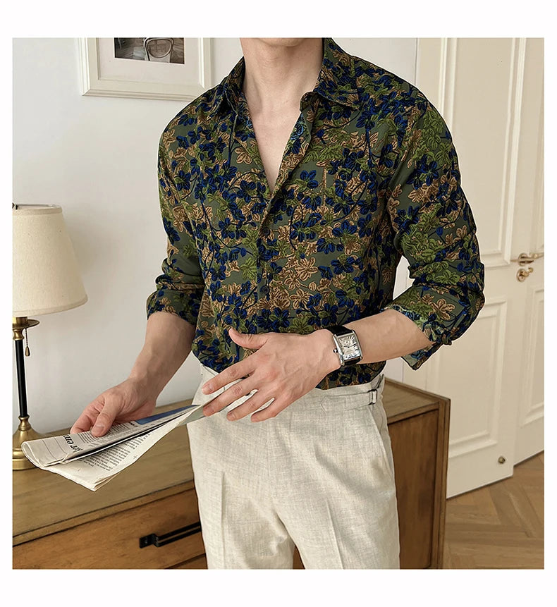 Men Draped Floral Contrast Shirt Wrinkle-Resistant Flow Casual Elegance
