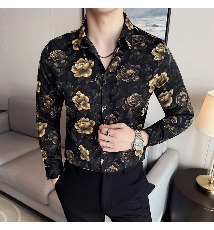Men's Latest Fashionable Long-Sleeved Floral Shirt