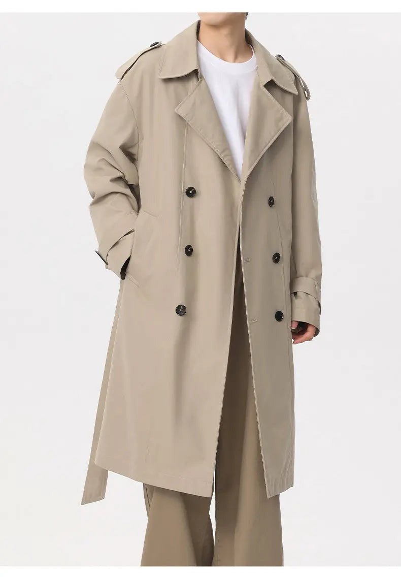 Marvelous business casual men's solid color double-breasted retro classic mid-length coat