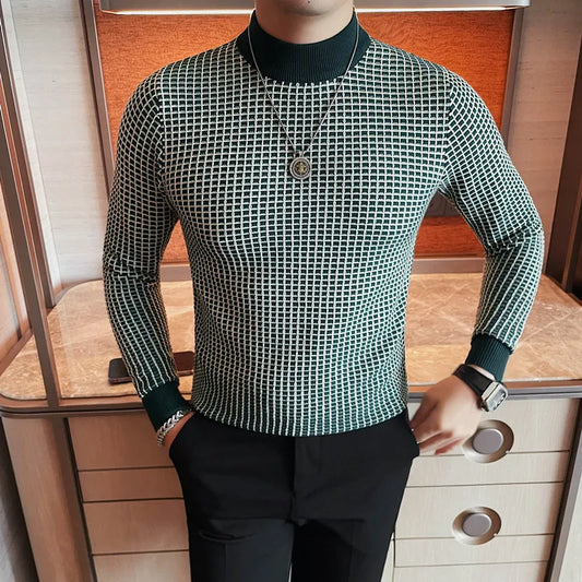 Alluring Half High Collar Checkered Knit Sweater for Men