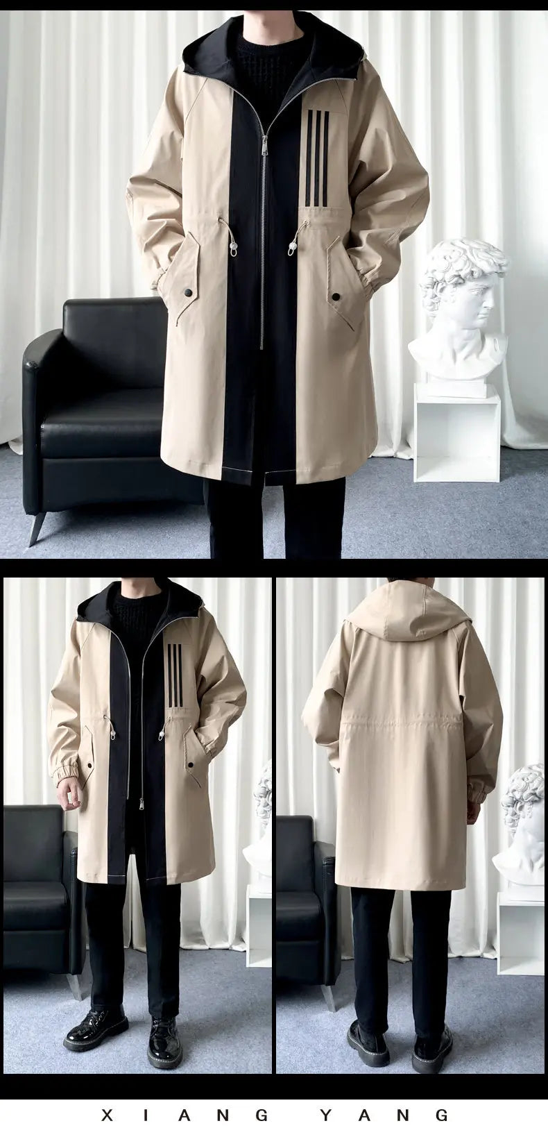 Fashionable Men's overcoat, high-quality hooded jacket, windproof, warm,