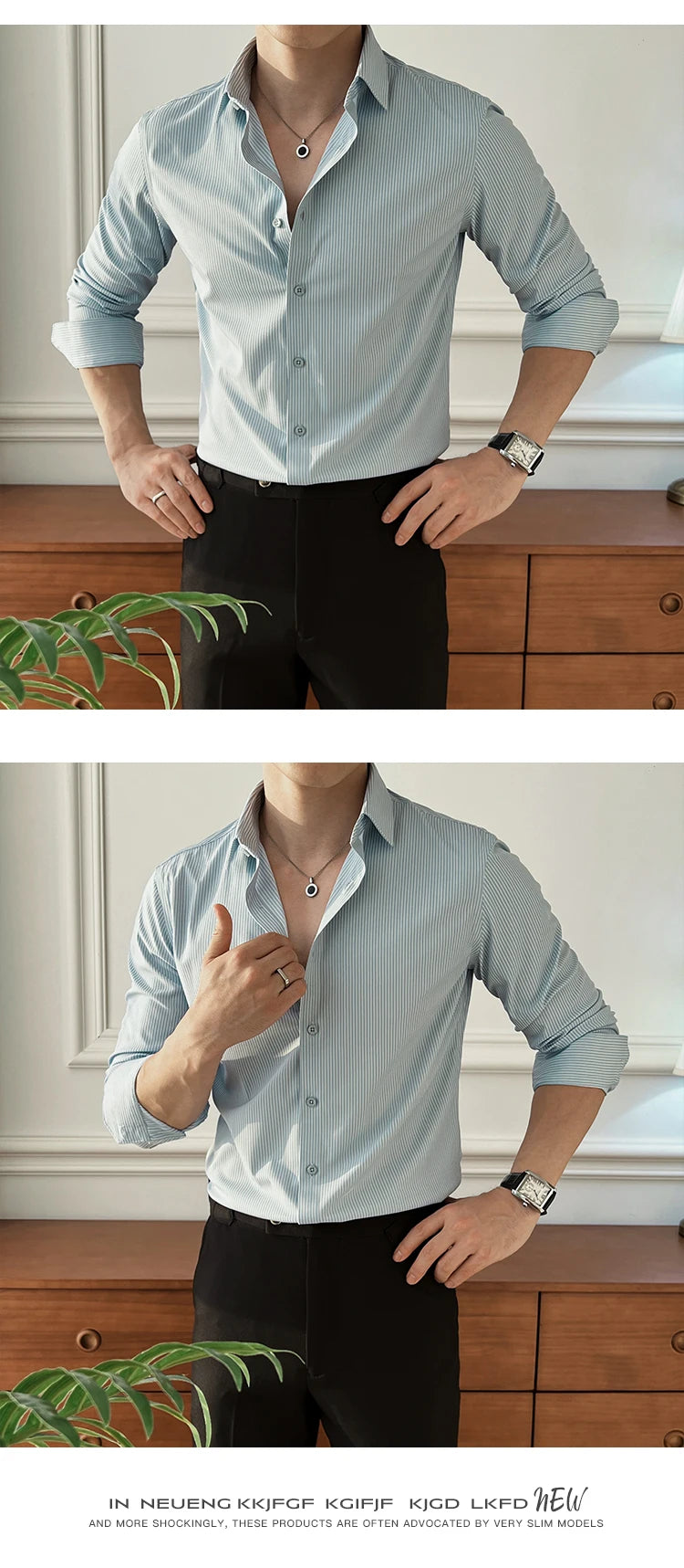 Stretch Slim Fit Men's Business Casual Shirt with Silk & Striped Design