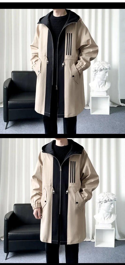 Fashionable Men's overcoat, high-quality hooded jacket, windproof, warm,