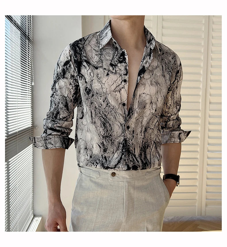 Men Draped Floral Contrast Shirt Wrinkle-Resistant Flow Casual Elegance