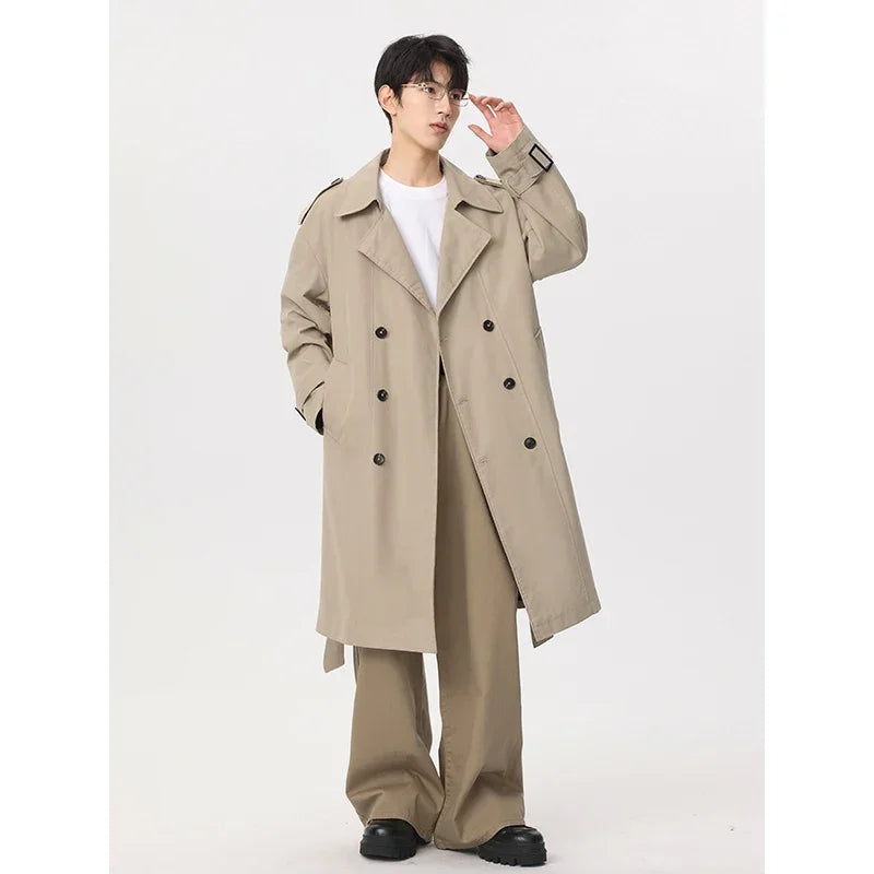 Marvelous business casual men's solid color double-breasted retro classic mid-length coat