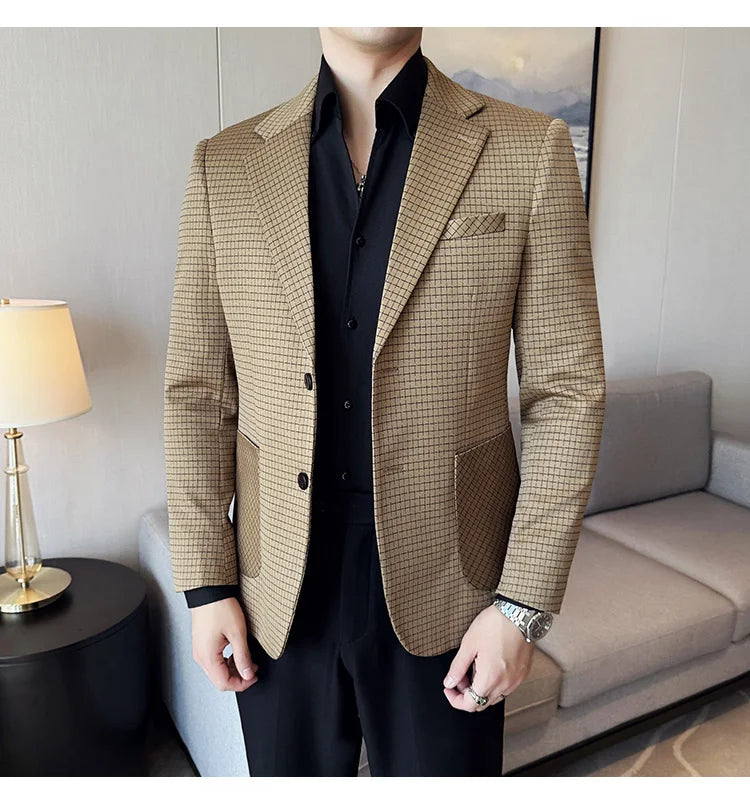 Autumn Winter Simple Plaid Blazer For Men Slim Fit . It can worn for Business Events and wedding functions.