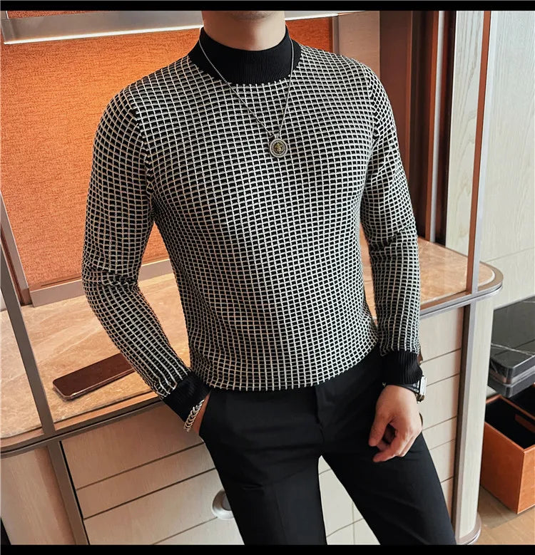 Alluring Half High Collar Checkered Knit Sweater for Men