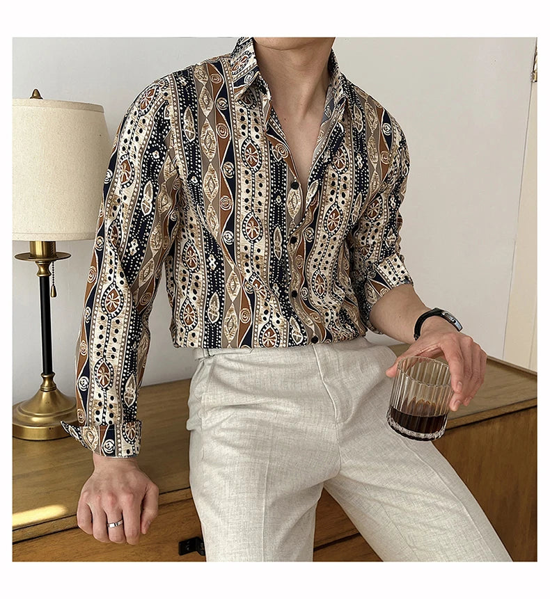 Men Draped Floral Contrast Shirt Wrinkle-Resistant Flow Casual Elegance