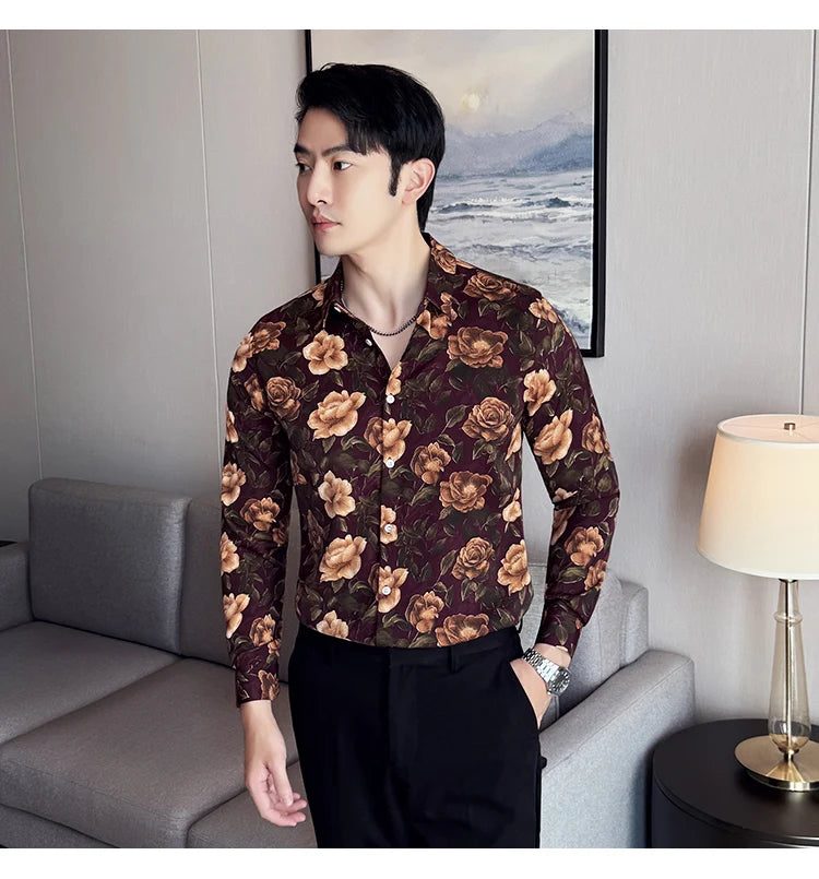 Men's Latest Fashionable Long-Sleeved Floral Shirt
