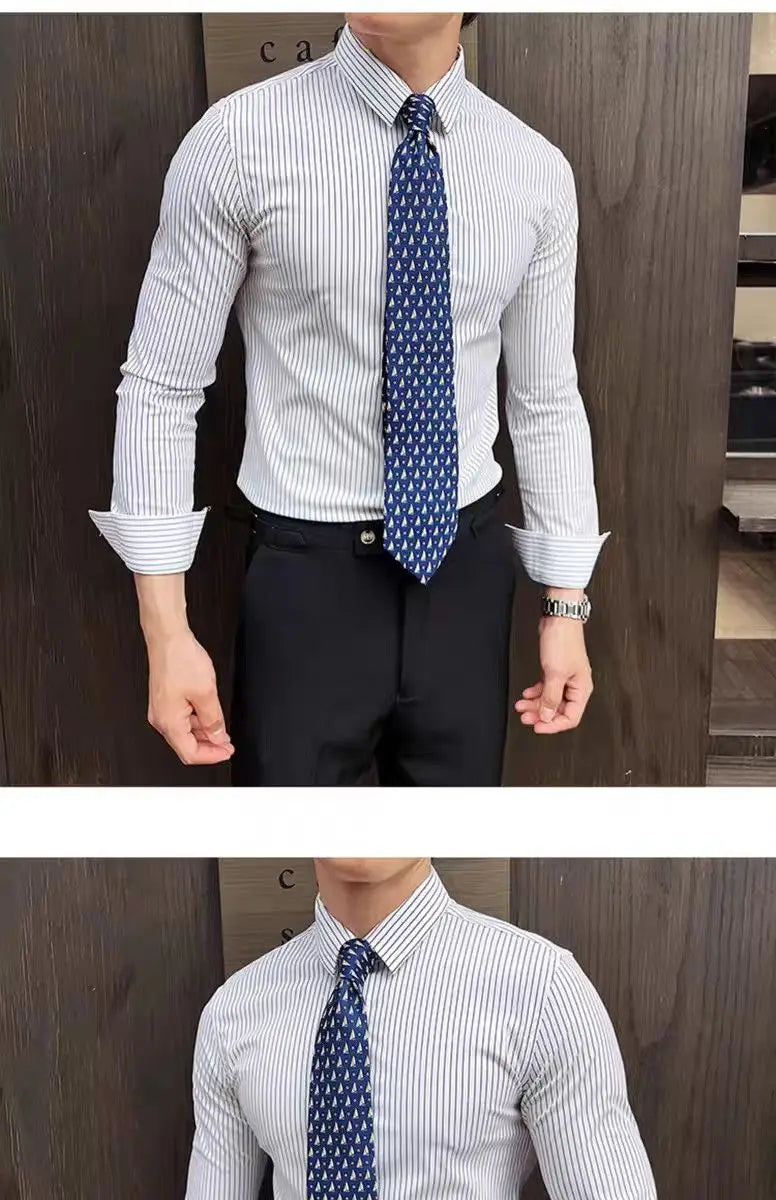 Men Striped Shirt Business Slim Fit Casual Non Iron Long Sleeve