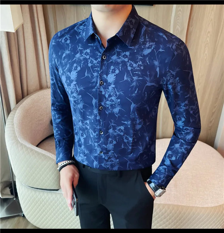 Men's Long-Sleeved Floral Shirt with Elegant Pattern Design. Slim Fit for Casual & Business Occasions