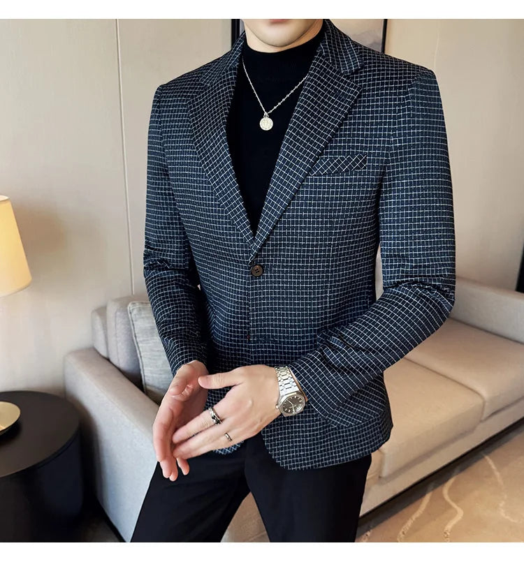 Autumn Winter Simple Plaid Blazer For Men Slim Fit . It can worn for Business Events and wedding functions.