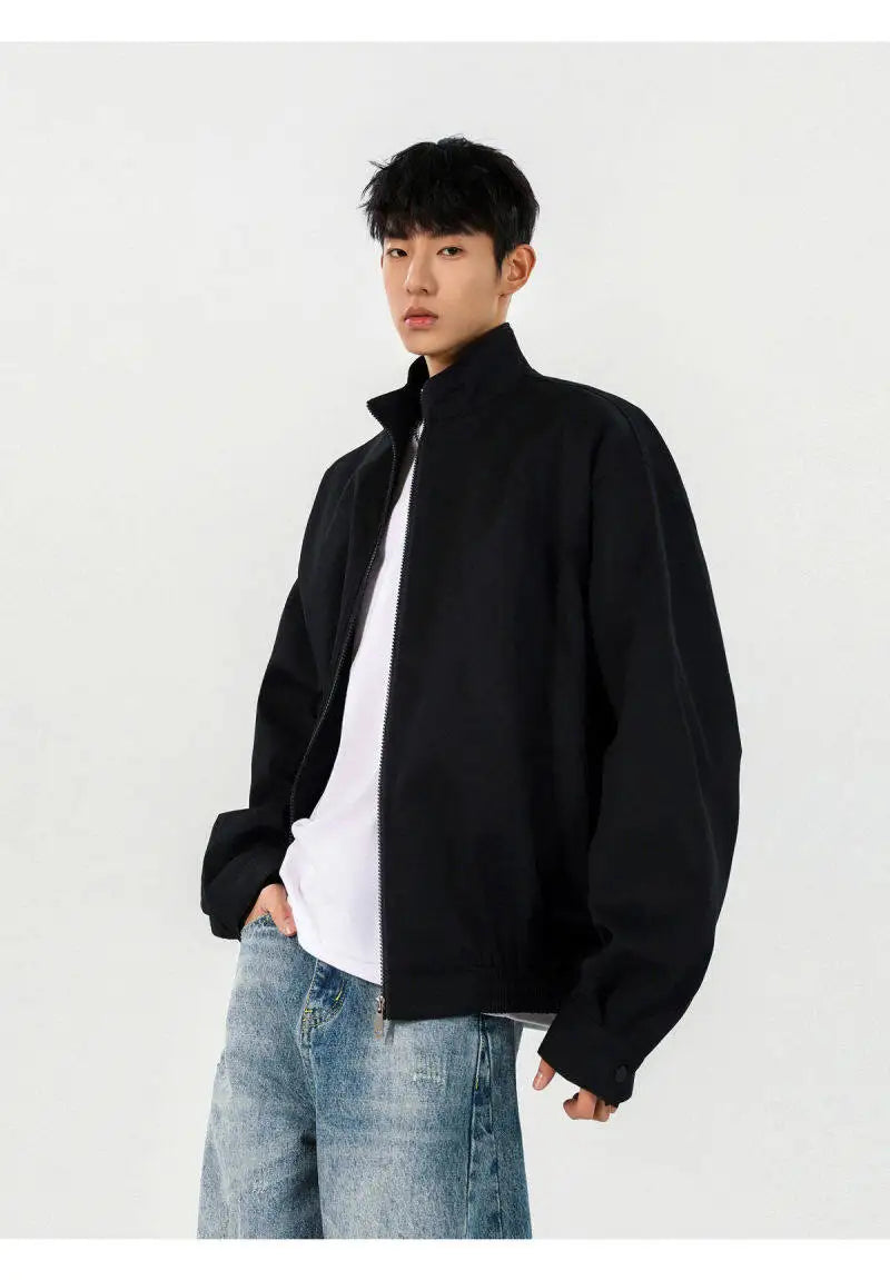 New Men's Solid Color Zip-up Stand Collar Loose Casual Jacket