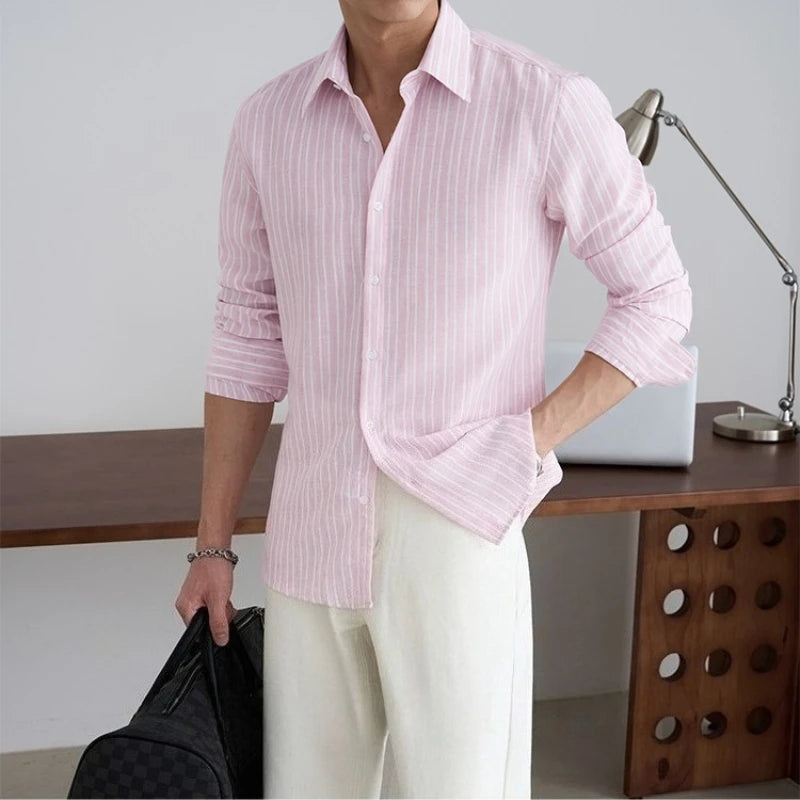 Gentleman 's Pink Business Striped Long-Sleeved Shirt for Men