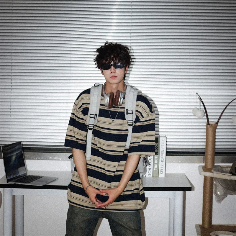 Marvelous Men's Striped Short Sleeve O-neck Loose T-shirt