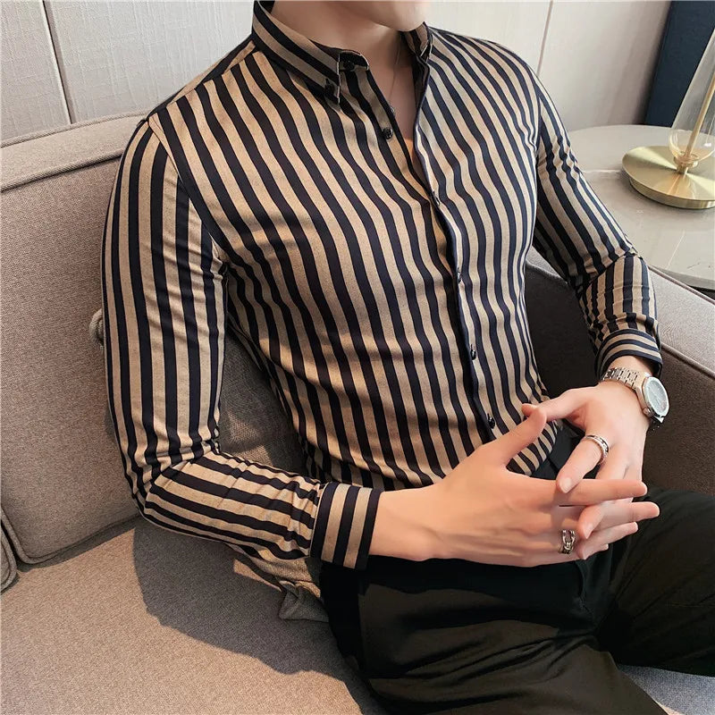 Alluring Korean Luxury Long Sleeve Striped Shirts For Men Slim Fit