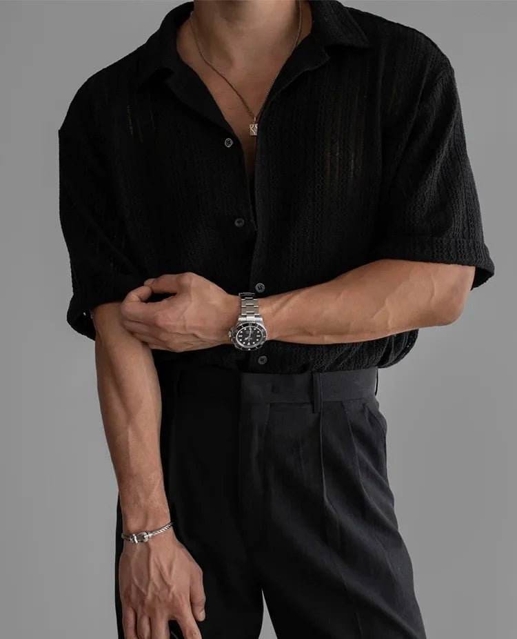 Vintage Cuban Collar Hollow Short Sleeved Shirt Men