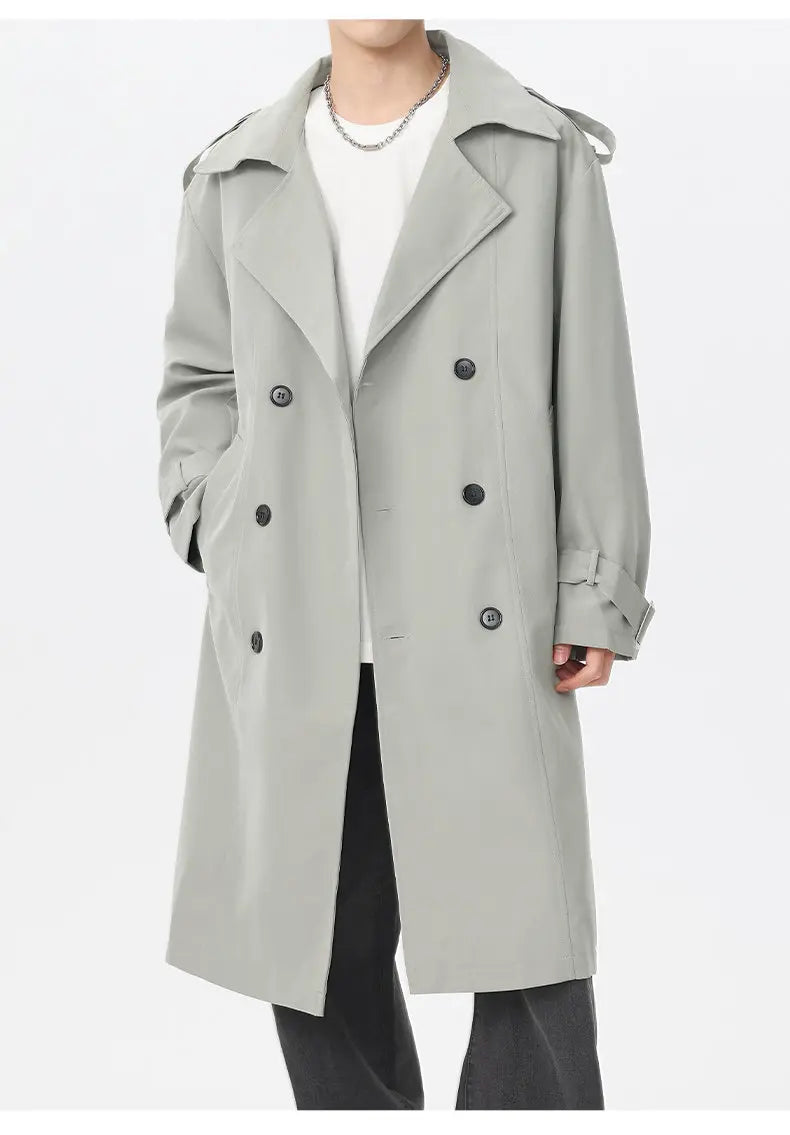 Marvelous business casual men's solid color double-breasted retro classic mid-length coat