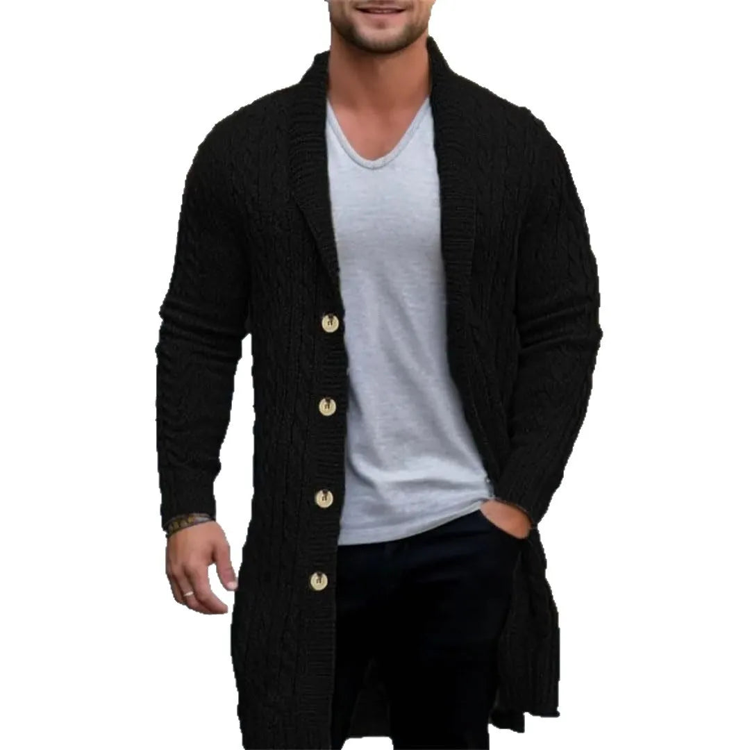 American European Fashion Men's Trendy Long Sleeve Turn-down Collar Loose Knitted Knee Length Sweater Coat