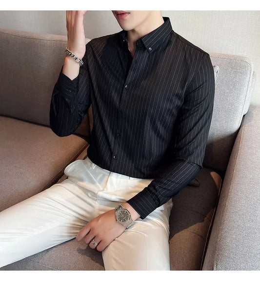 British Style Striped Men' s Long Sleeve Shirt