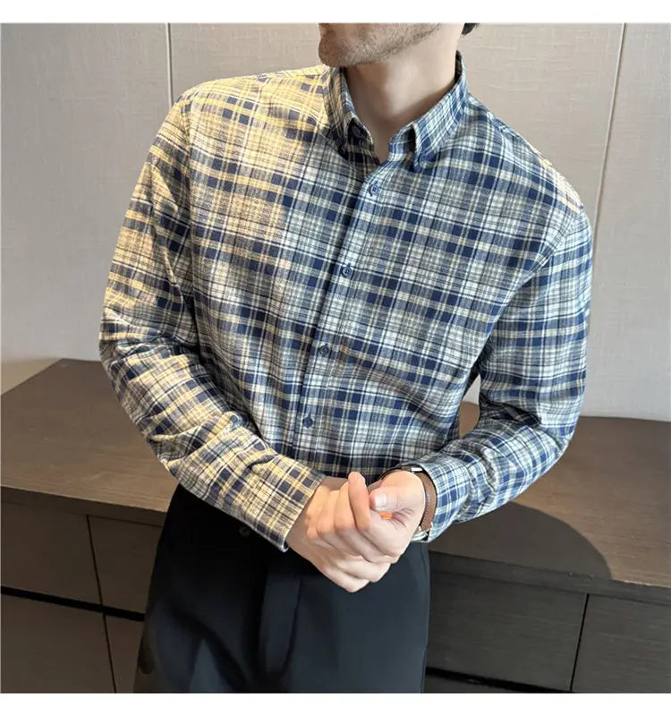 Men's 100% Cotton Brushed Plaid Long-Sleeve Shirt Thickened Warm Shirt for Autumn and Winter