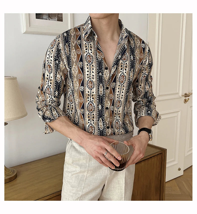 Men Draped Floral Contrast Shirt Wrinkle-Resistant Flow Casual Elegance