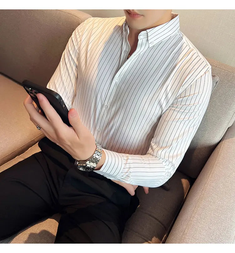 British Style Striped Men' s Long Sleeve Shirt