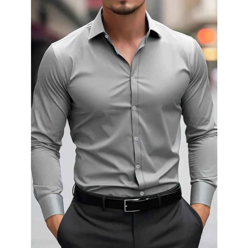 New Men's Trendy Long Sleeve Elastic Shirt .It comes in 3 colors Grey ,Blue and Pink.