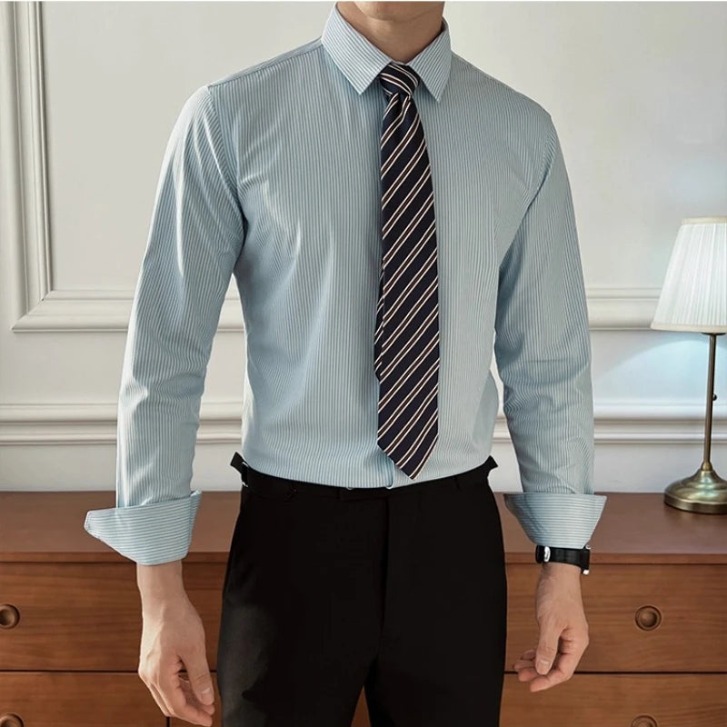 Stretch Slim Fit Men's Business Casual Shirt with Silk & Striped Design