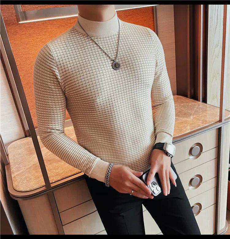 Alluring Half High Collar Checkered Knit Sweater for Men