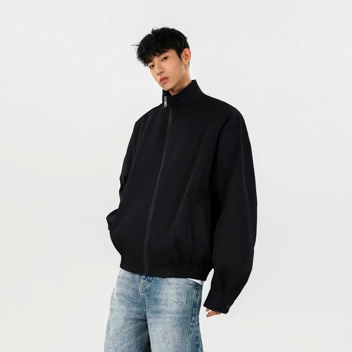 New Men's Solid Color Zip-up Stand Collar Loose Casual Jacket