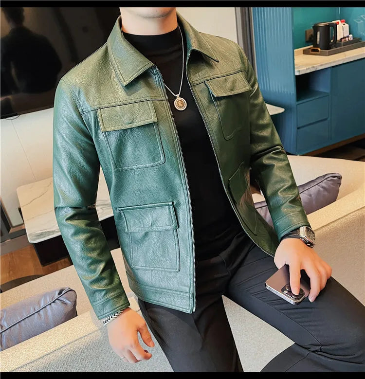 Men Fashion Lapel streetwear Jacket Casual Business leather coats