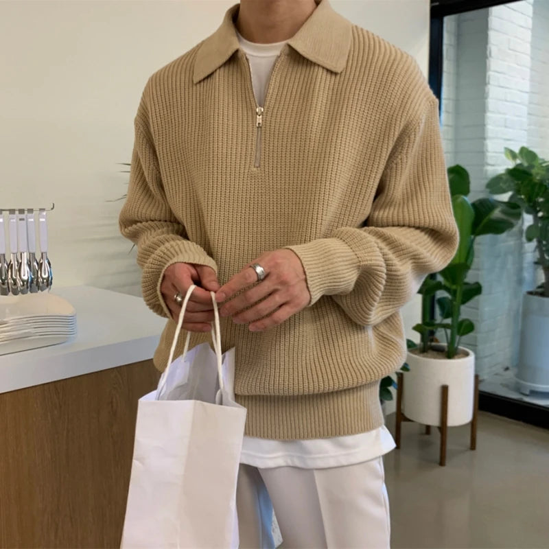 Korean Quality Youth POLO Collar Sweater. Men Winter Thickened Loose Half Zipper Sweater for Winter