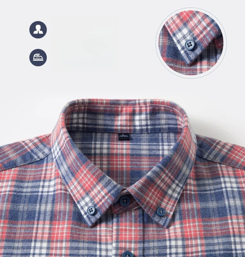 Men's 100% Cotton Brushed Plaid Long-Sleeve Shirt Thickened Warm Shirt for Autumn and Winter