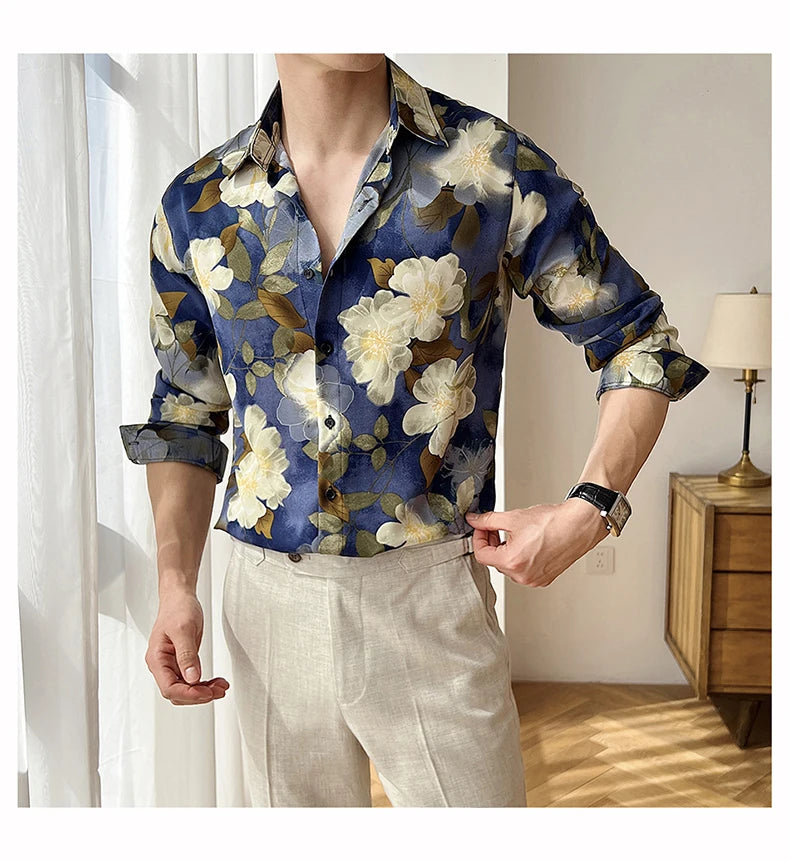 Men Draped Floral Contrast Shirt Wrinkle-Resistant Flow Casual Elegance