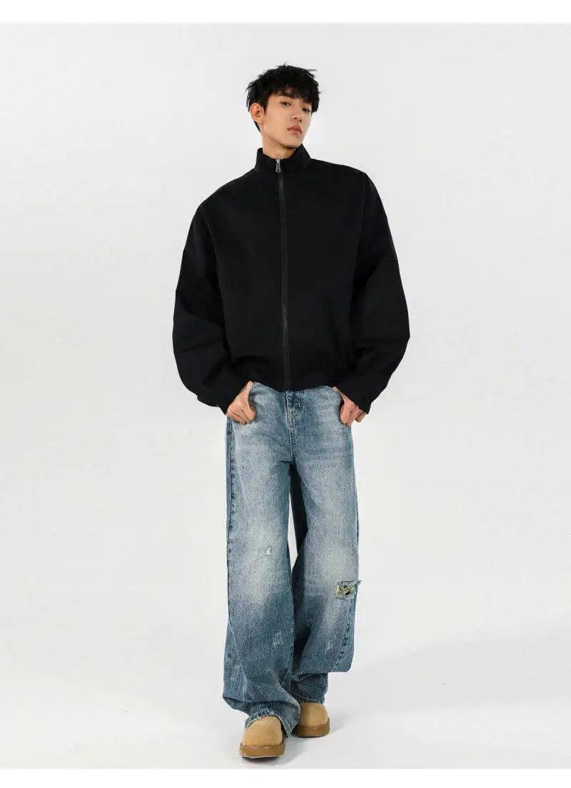 New Men's Solid Color Zip-up Stand Collar Loose Casual Jacket