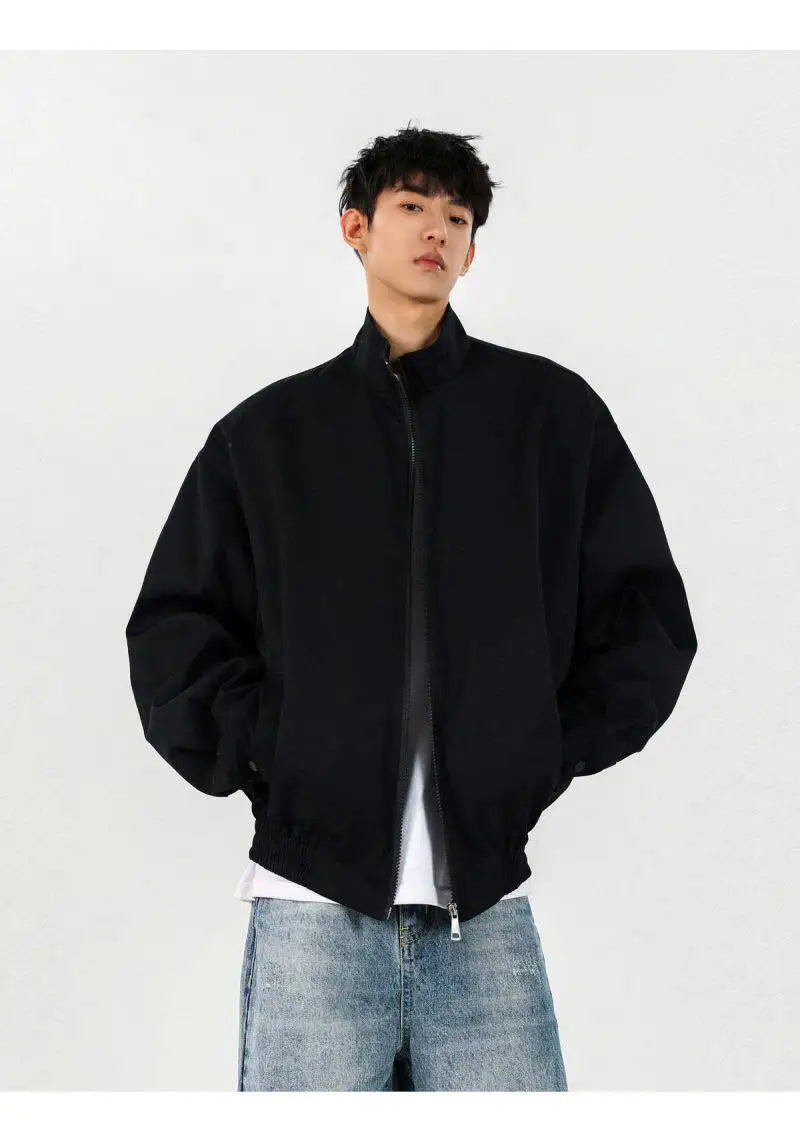 New Men's Solid Color Zip-up Stand Collar Loose Casual Jacket