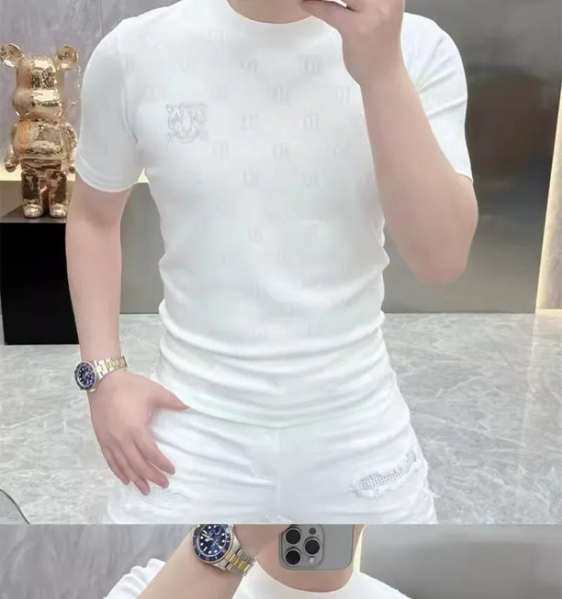 Men Jacquard Knitted Short Sleeve Casual T-shirts