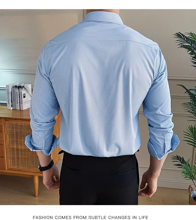 Stretch Slim Fit Men's Business Casual Shirt with Silk & Striped Design