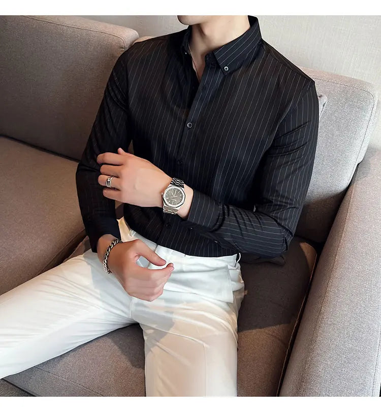 British Style Striped Men' s Long Sleeve Shirt
