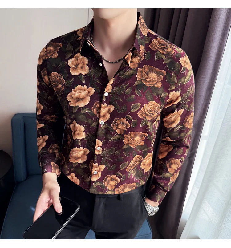 Men's Latest Fashionable Long-Sleeved Floral Shirt