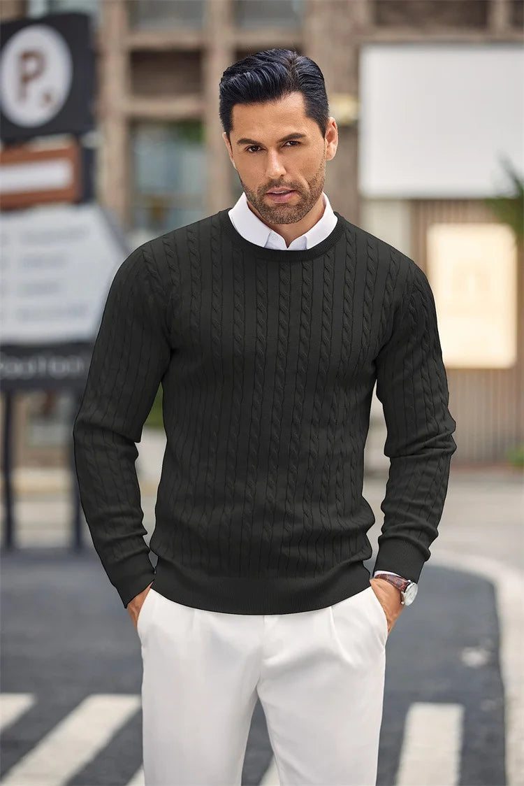 Men's All-Season Cable Knit Pullover Sweater with Rope Twist Pattern