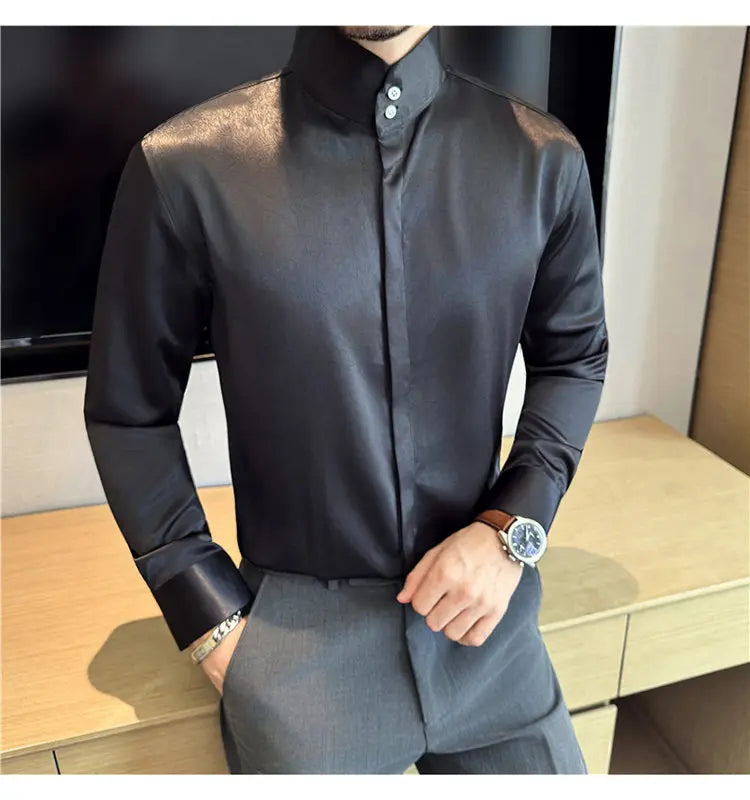 New Chinese Style Men's Long-sleeved Stand - Up Collar Satin Shirt Luxury Men's Dress Shirt with Stand-up Collar Design
