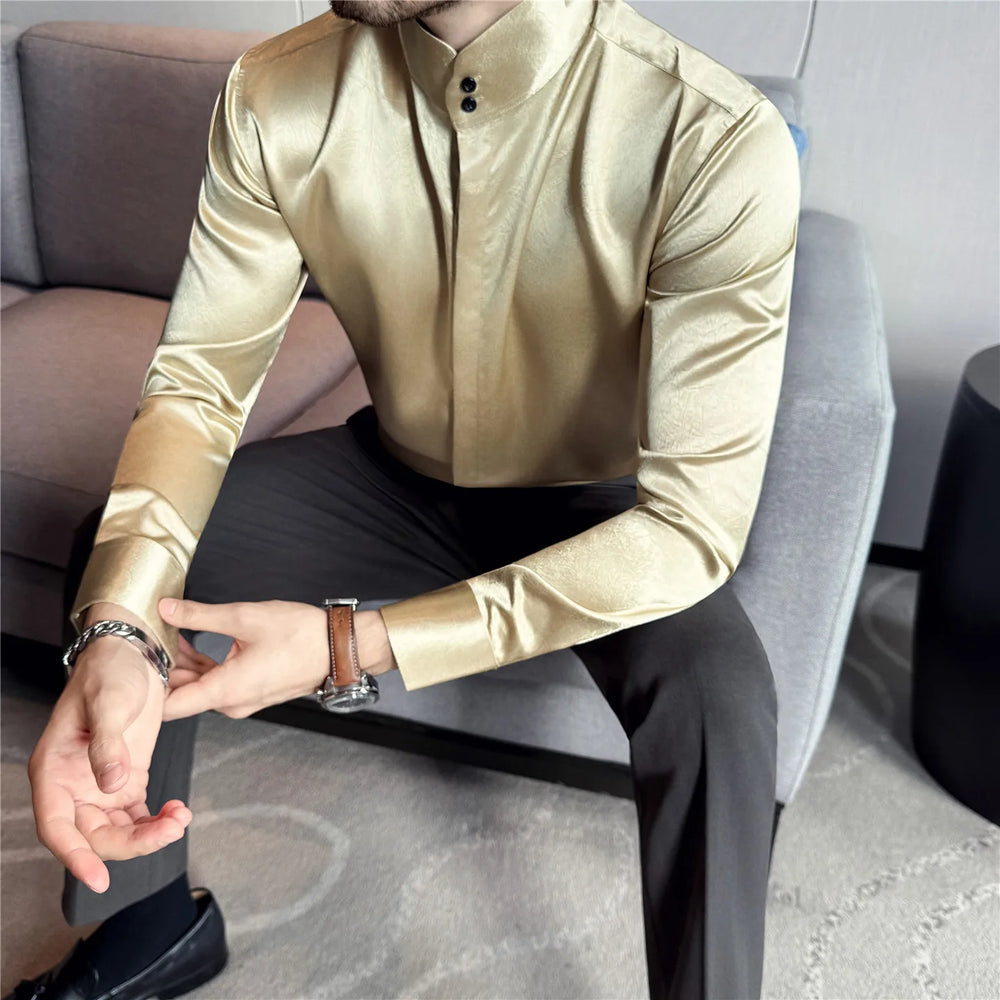 New Chinese Style Men's Long-sleeved Stand - Up Collar Satin Shirt Luxury Men's Dress Shirt with Stand-up Collar Design