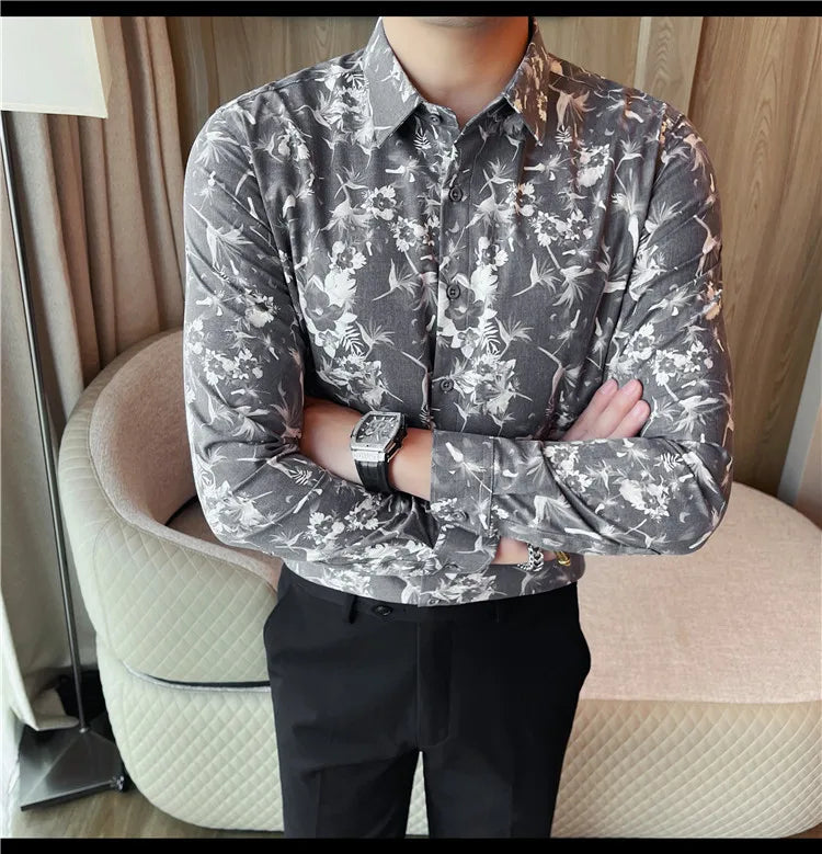 Men's Long-Sleeved Floral Shirt with Elegant Pattern Design. Slim Fit for Casual & Business Occasions