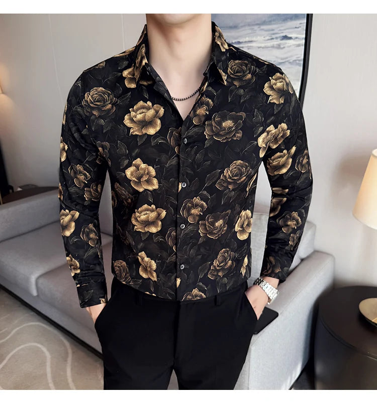 Men's Latest Fashionable Long-Sleeved Floral Shirt
