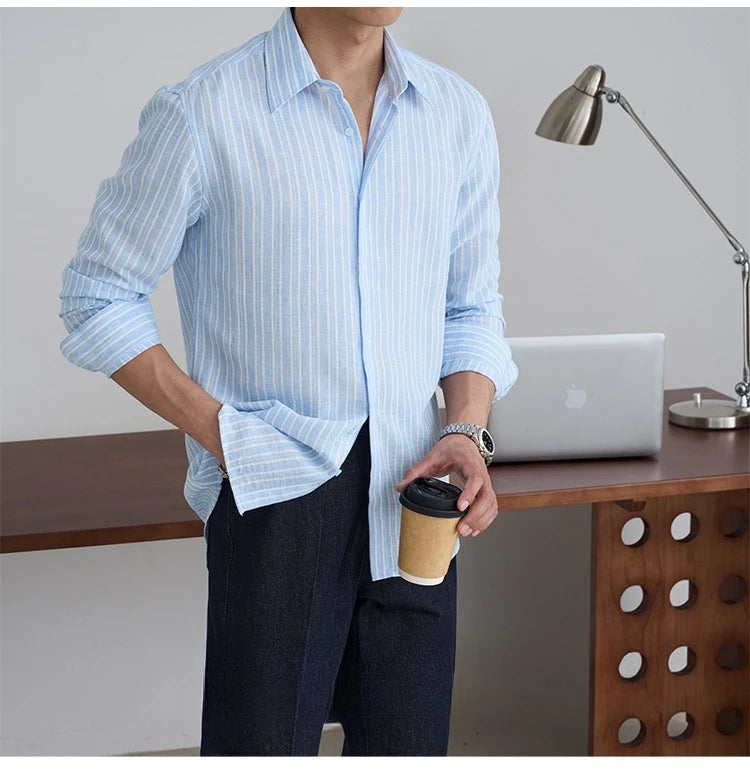 Gentleman 's Pink Business Striped Long-Sleeved Shirt for Men