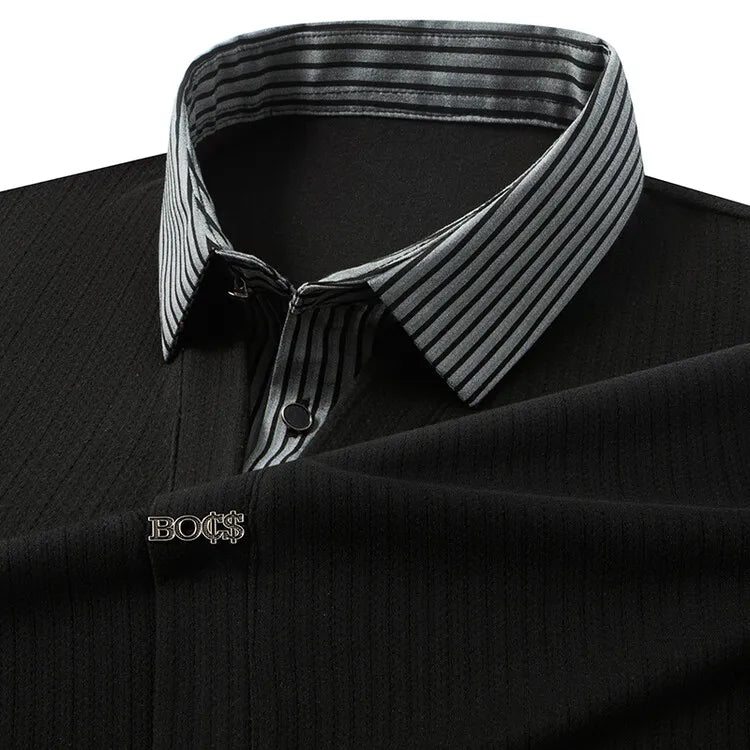 Men's Winter Long Sleeve Top Knit Sweater with Woven Shirt Collar