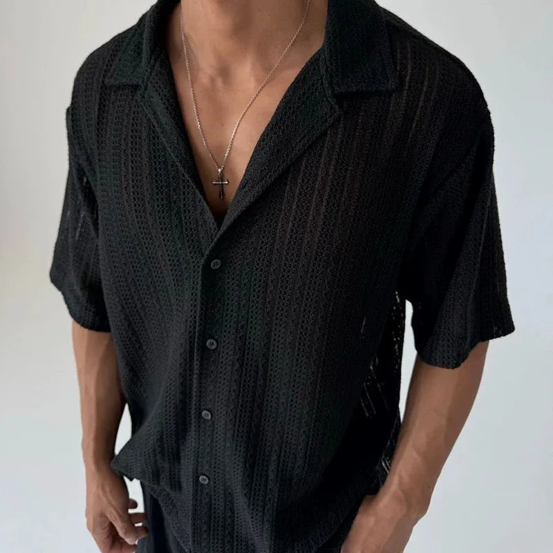 Vintage Cuban Collar Hollow Short Sleeved Shirt Men