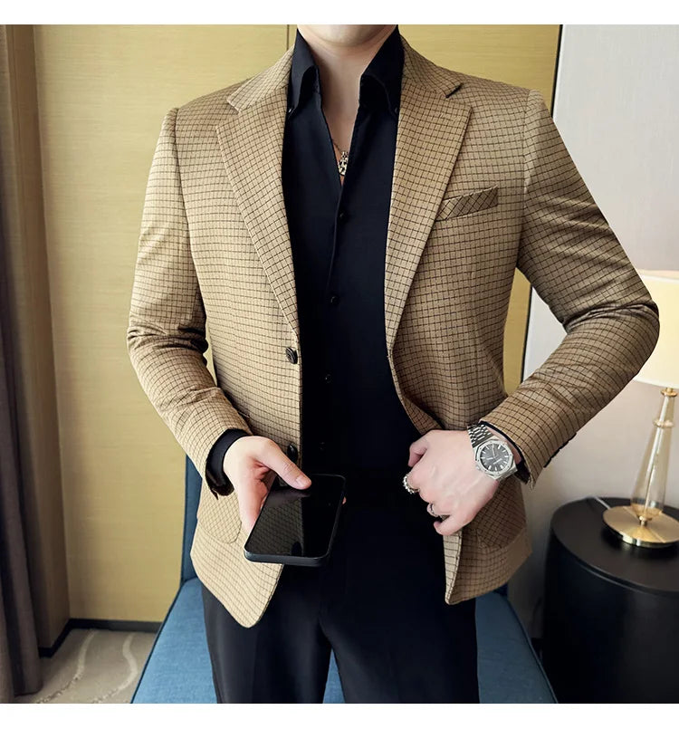 Autumn Winter Simple Plaid Blazer For Men Slim Fit . It can worn for Business Events and wedding functions.